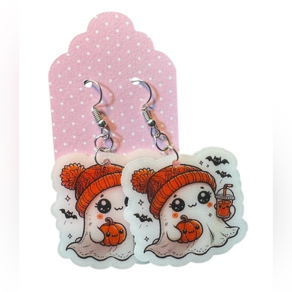 Jewelry - Adorable Ghost Holding Pumpkin Dangle Pierced Earrings Orange And Black New